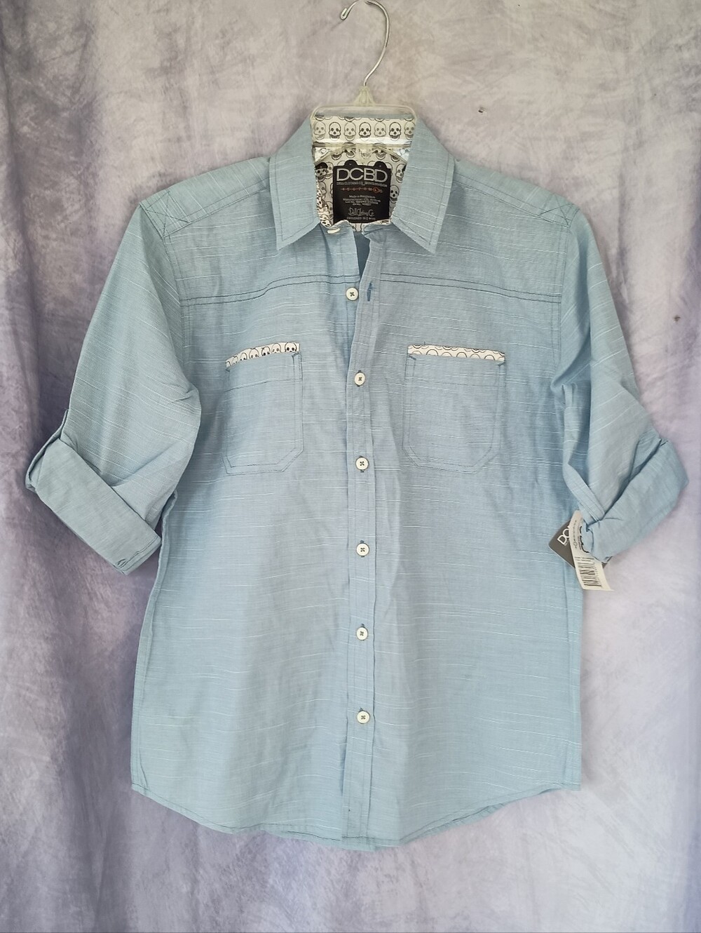 DCBD Drill Clothing Co Boys Skull Trim Button Front Shirt NWT Light Blue